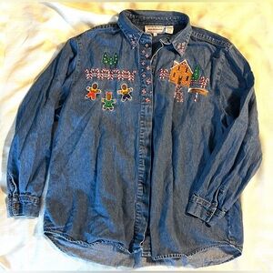 Westbound Women’s Vintage Denim Shirt with Holiday Embroidery Size XL